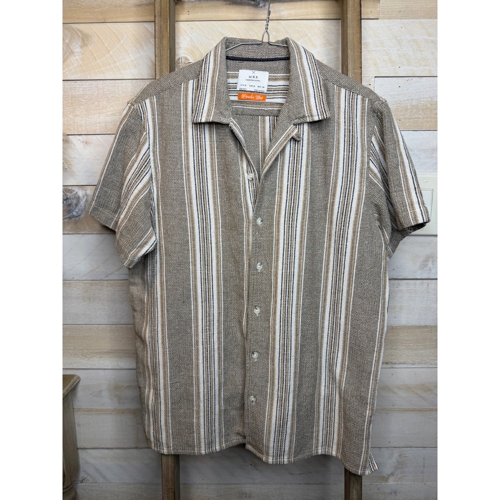 MBX Premium Goods Paradise Shirt Mens Medium Brown Striped Camp Collar Textured